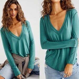 We The Free Deep Teal V-Neck Long Sleeve Top
